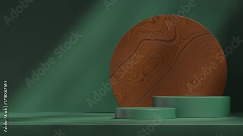 scene template dark green cylinder podium of with seamless shadow animation looping circular wooden texture background, 3d video rendering