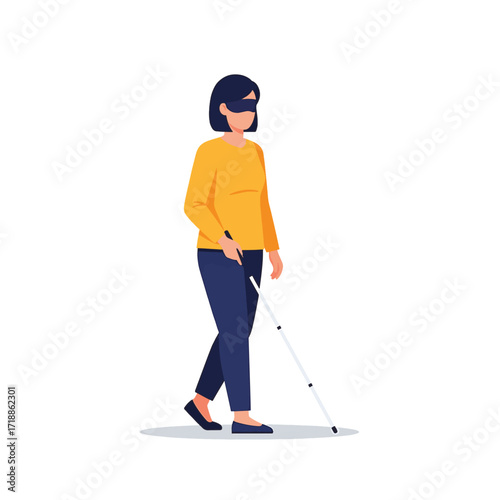 Visually Impaired Woman Walking with Cane Vector Flat Illustration