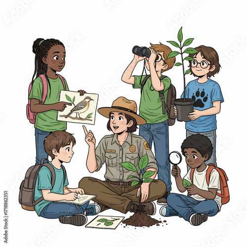A diverse group of children learning about nature and plants from a park ranger, engaging in outdoor education activities.