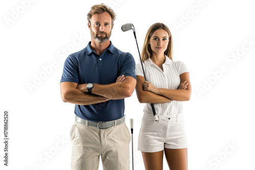Man and woman golfers posing with clubs isolated on transparent background. Men and woman golfer standing side by side holding a golf club on isolated on white background.