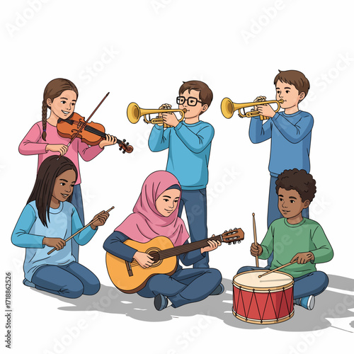 A diverse group of six children happily playing various musical instruments together, including violin, trumpets, guitar, and drums.