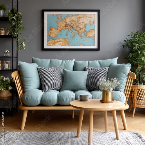 Cozy Living Room with Stylish Sofa and Map Artwork.