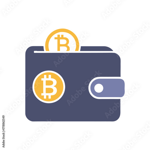 Flat graphic of a dark blue wallet with two bitcoin symbols in yellow and white cryptocurrency digital
