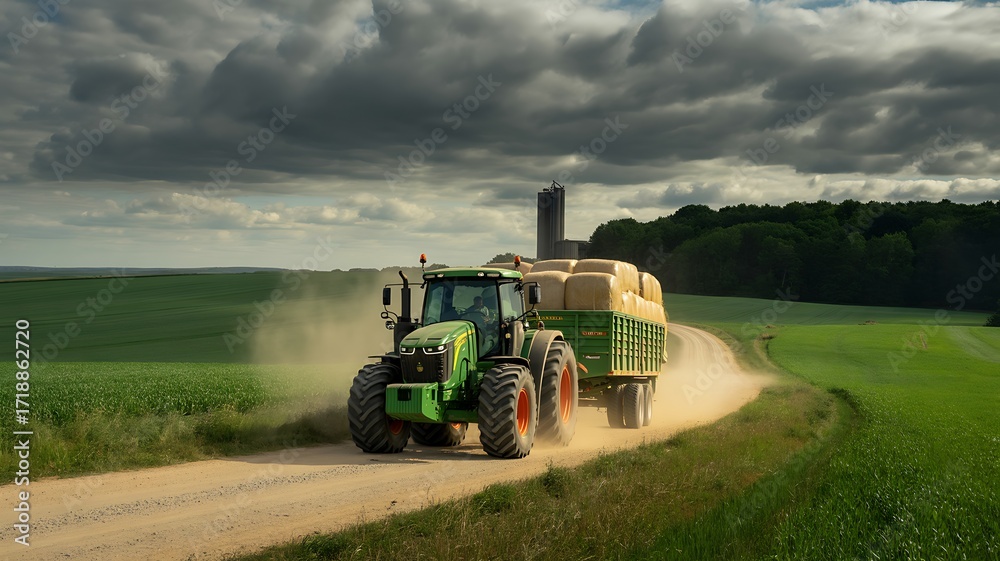 Fototapeta premium Green Tractor Hauling Hay Bales Through Dusty Rural Landscape