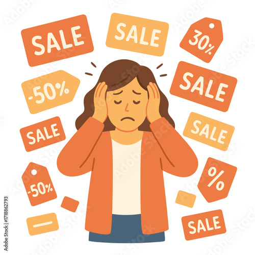 Woman shopping illustration with fashion sale and discount, vector cartoon girl character showing stress from store and sale concept. Young person in flat design with colorful background, impulse