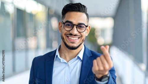 businessman wearing glasses, smiling and giving Mini Heart