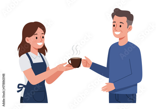 A barista hands a man a steaming cup of coffee Both figures are smiling