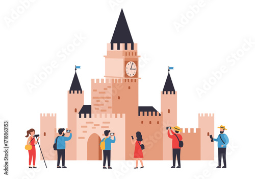 A castle with tourists photographing it some using phones and one a camera with tripod