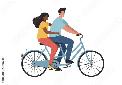 A couple rides a blue tandem bicycle a man steers while a woman holds onto him
