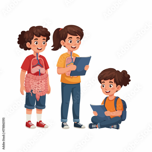 Three young girls learning about human anatomy, with one showing internal organs and others studying books.