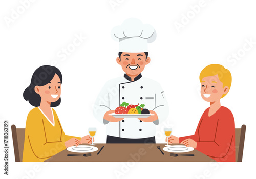 A chef serves food to two smiling people at a table with wine plates  cutlery