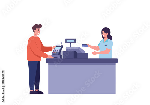 A man uses a POS terminal as a cashier holds out a card at a counter