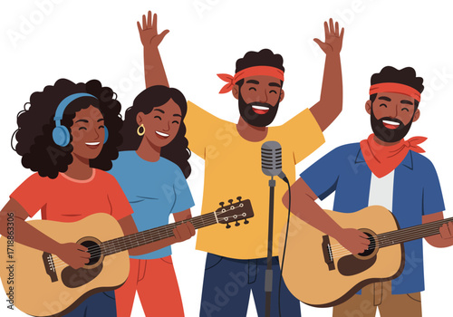 A happy band of four two guitarists a singer and a companion all smile on a white backdrop