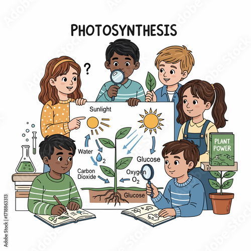 Illustration of children learning about animals, including a zebra, lion, elephant, and monkey.