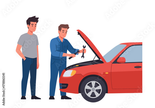 A mechanic works on a red car with its hood open while a man stands watching