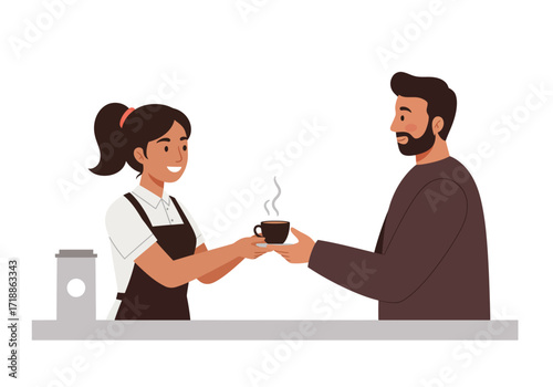 A smiling barista gives a steaming coffee cup to a bearded customer