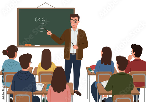 A teacher instructs students in a classroom using a pointer at a blackboard