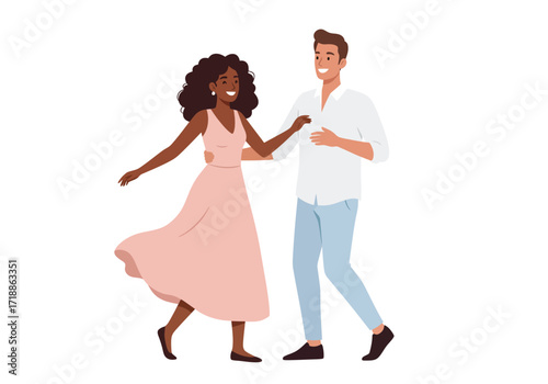 A tan woman in pink dress dances with a white man in light blue pants
