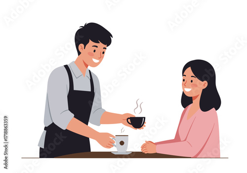 A smiling barista serves a smiling customer coffee at a counter