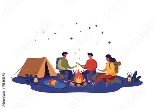 Campers around fire Three people camping toasting food over campfire near tent at night under stars