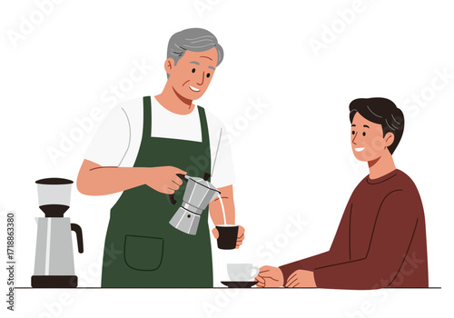 An older person pours coffee for a younger person A coffee grinder is visible