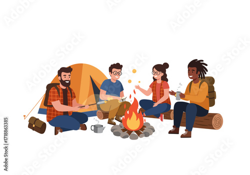 Campers gather around a campfire at a campground sharing stories and roasting food
