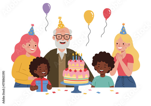 Birthday celebration scene with an elderly man two adults two kids cake balloons hats and a gift