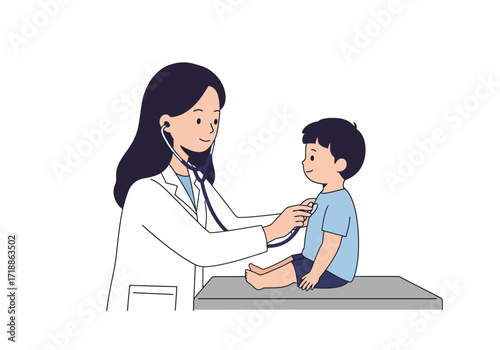 Doctor uses stethoscope on child sitting on table