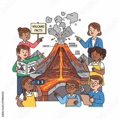 Illustration of a volcano erupting with children and a teacher learning about it.