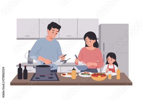Family in kitchen dad fries mom mixes salad daughter watches on brown counter