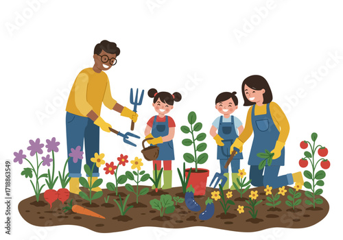 Family gardening together in a garden with vegetables and flowers