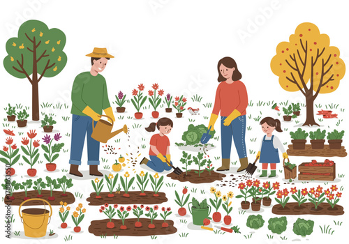 Family gardening father watering daughters digging mother planting vegetables in a garden fruit trees beside