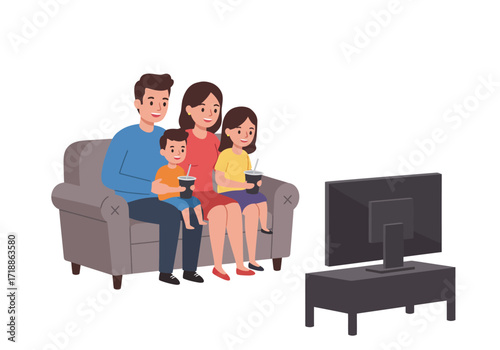 Family of four sits on a couch watching TV each holding a drink in a lightfilled room
