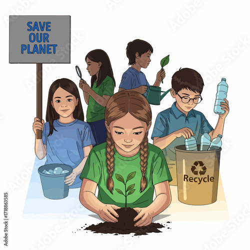 Children actively participating in environmental conservation, recycling, and planting for a sustainable future.