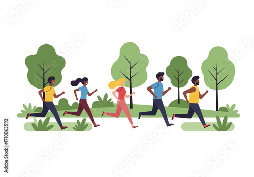 Five people are running outdoors with trees and greenery in the background