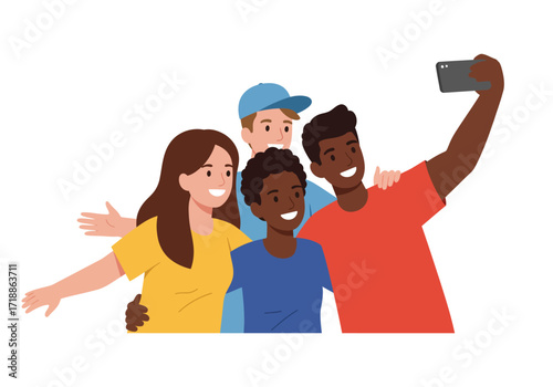 Four people smiling taking a selfie with a gray smartphone
