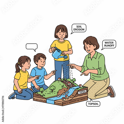 Children and teacher studying soil erosion and water runoff using a model, learning about the environment.