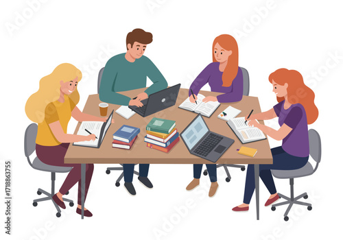 Four students study together at a table using laptops and books