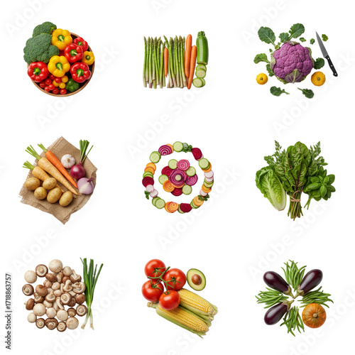 PNG Fresh organic vegetables isolated on transparent background, broccoli, bell peppers, carrots, asparagus, tomatoes, corn, mushrooms, eggplants, leafy greens, perfect for healthy food design