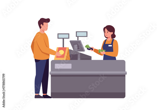Man paying cashier at checkout counter with currency cashier holding money