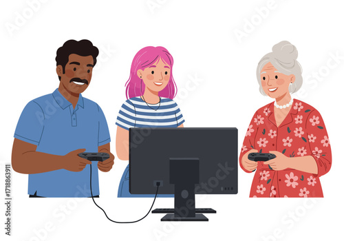Three people of different ages are playing a video game together