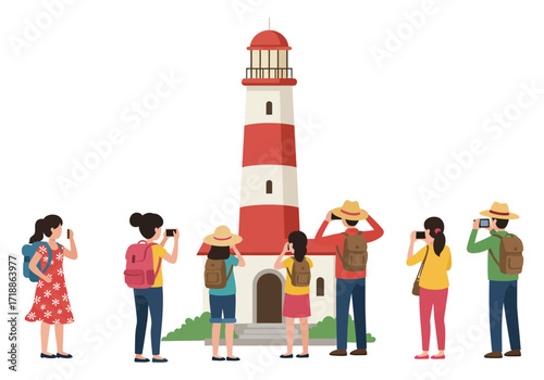 Tourists photograph a redandwhite lighthouse with their phones and cameras