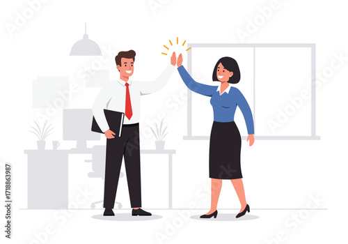 Two office workers a man and a woman are celebrating with a highfive in an office setting