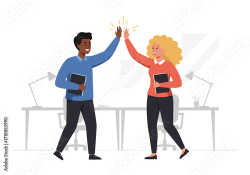 Two office workers woman and man in business attire giving a highfive while holding folders with a desk background