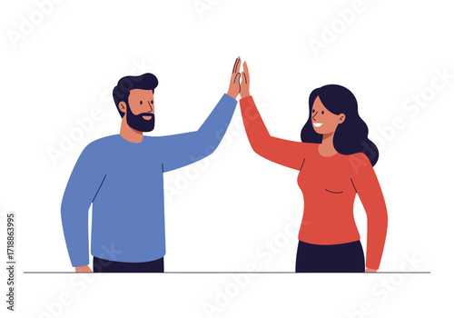 Two people giving each other a highfive standing at the same level on a white background