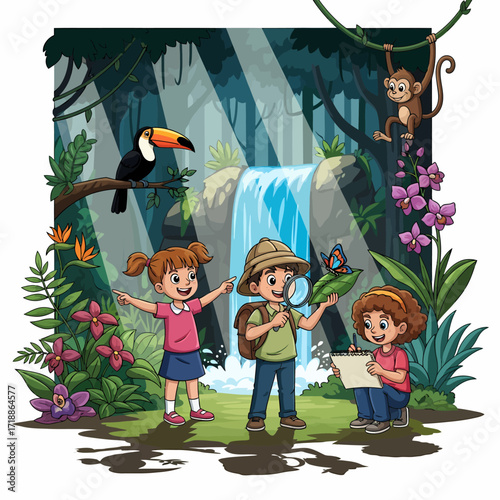 Children exploring the jungle, observing a butterfly with a magnifying glass, and taking notes near a waterfall.