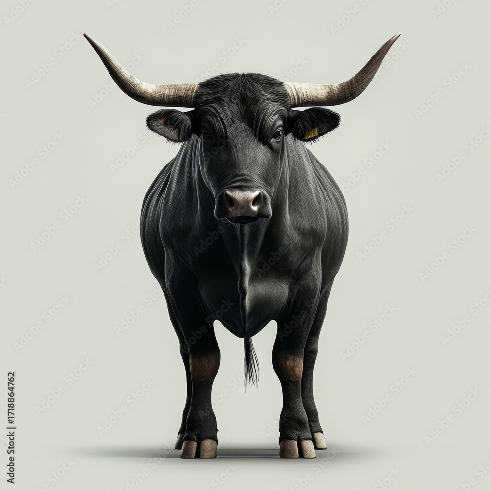 Naklejka premium A striking image of a large black bull against a plain backdrop.