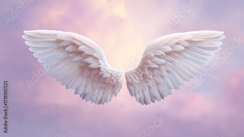 Ethereal White Angel Wings Against a Soft Purple Background with Dreamy Clouds and Gentle Light Shining from Behind the Wings in a Serene Atmosphere