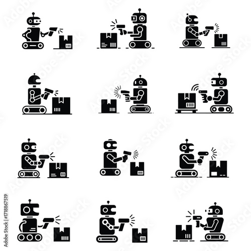 Black robot scans box barcodes with handheld reader across nine varied monochromatic icons isolated