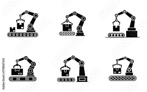 Black robotic arm positions the parcel on an automated conveyor belt, shown in monochrome